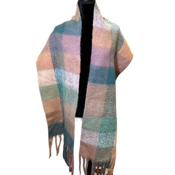 Unbranded Scarf Womens Large Rectangle Green Tan Fringe Plaid Block Check Soft - Picture 5 of 9